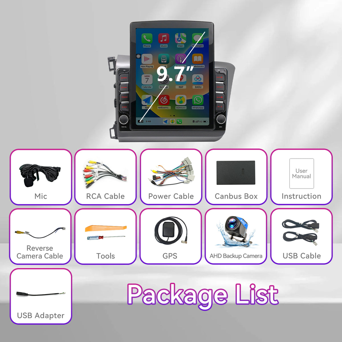 9.7" Touchscreen Radio Compatible with Honda Civic 2012-2015 — Wireless CarPlay, GPS & AHD Backup Camera Included