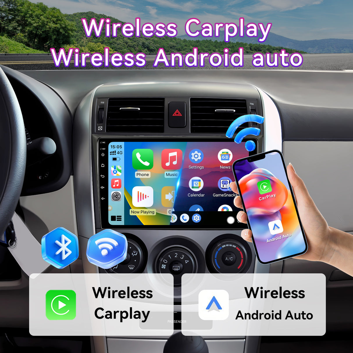 9" Android 13 Car Stereo Compatible with Toyota Corolla 2007-2013, Wireless CarPlay&Android Auto,Touch Screen Car Radio Support Bluetooth,GPS Navigation