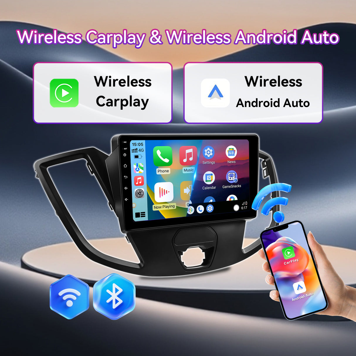 Android 13 Car Radio Compatible with Ford Transit 2015-2018, 9 Inch Wireless CarPlay/Android Auto, GPS Navigation, Bluetooth, FM Radio & Backup Camera