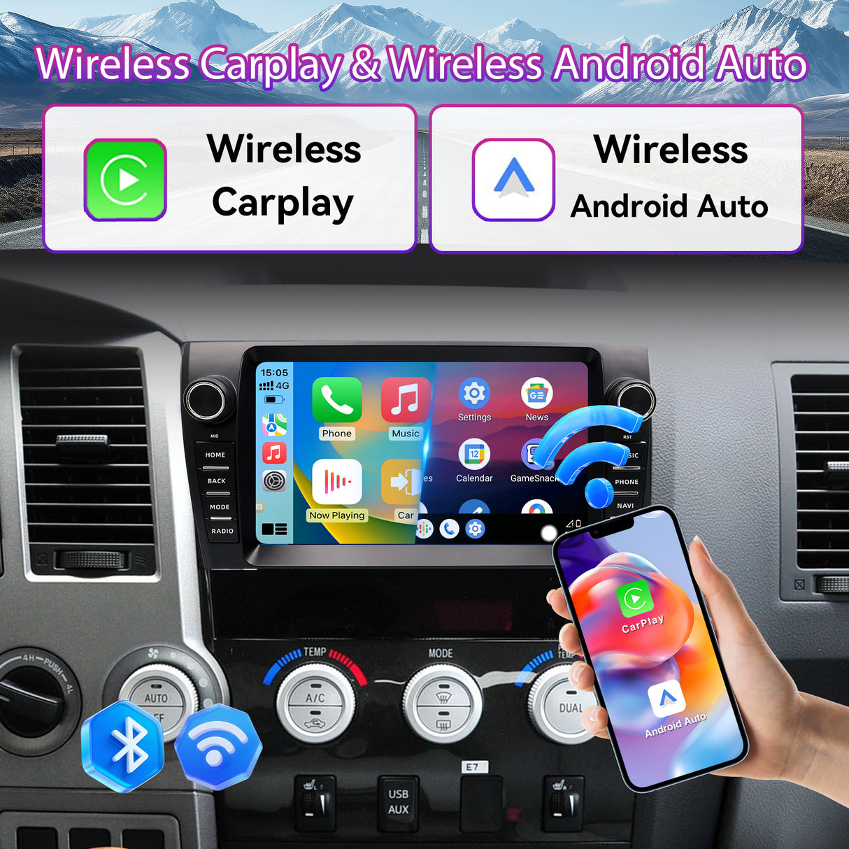 Car Stereo Compatible with Toyota Tundra 2006-2013 & Sequoia 2013-2019, 9" Wireless CarPlay/Android Auto Head Unit with GPS & Backup Camera