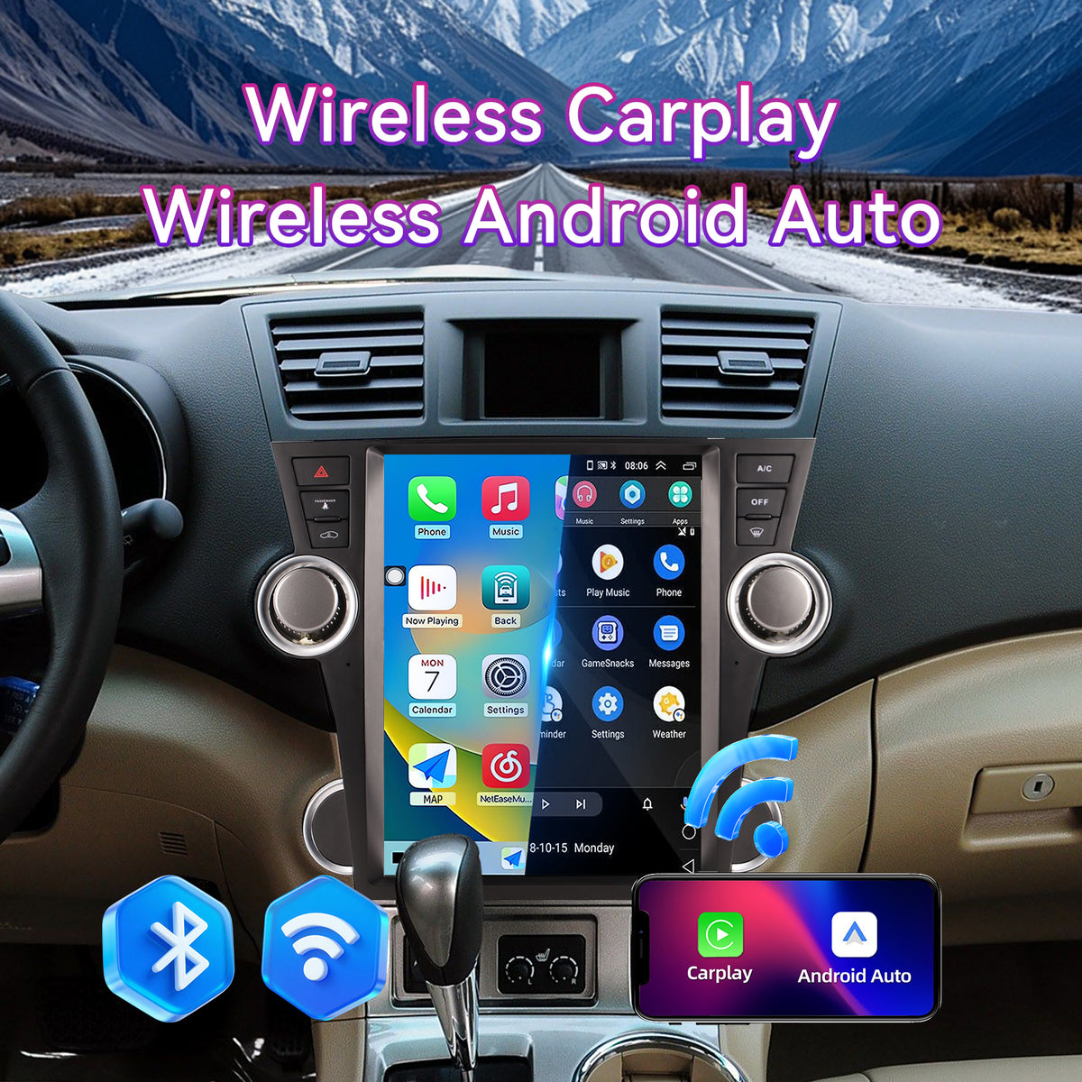 8-Core 8G+128G Car Stereo Compatible with Toyota Highlander 2009-2013, 12.1" Wireless CarPlay/Android Auto Head Unit with GPS & Backup Camera