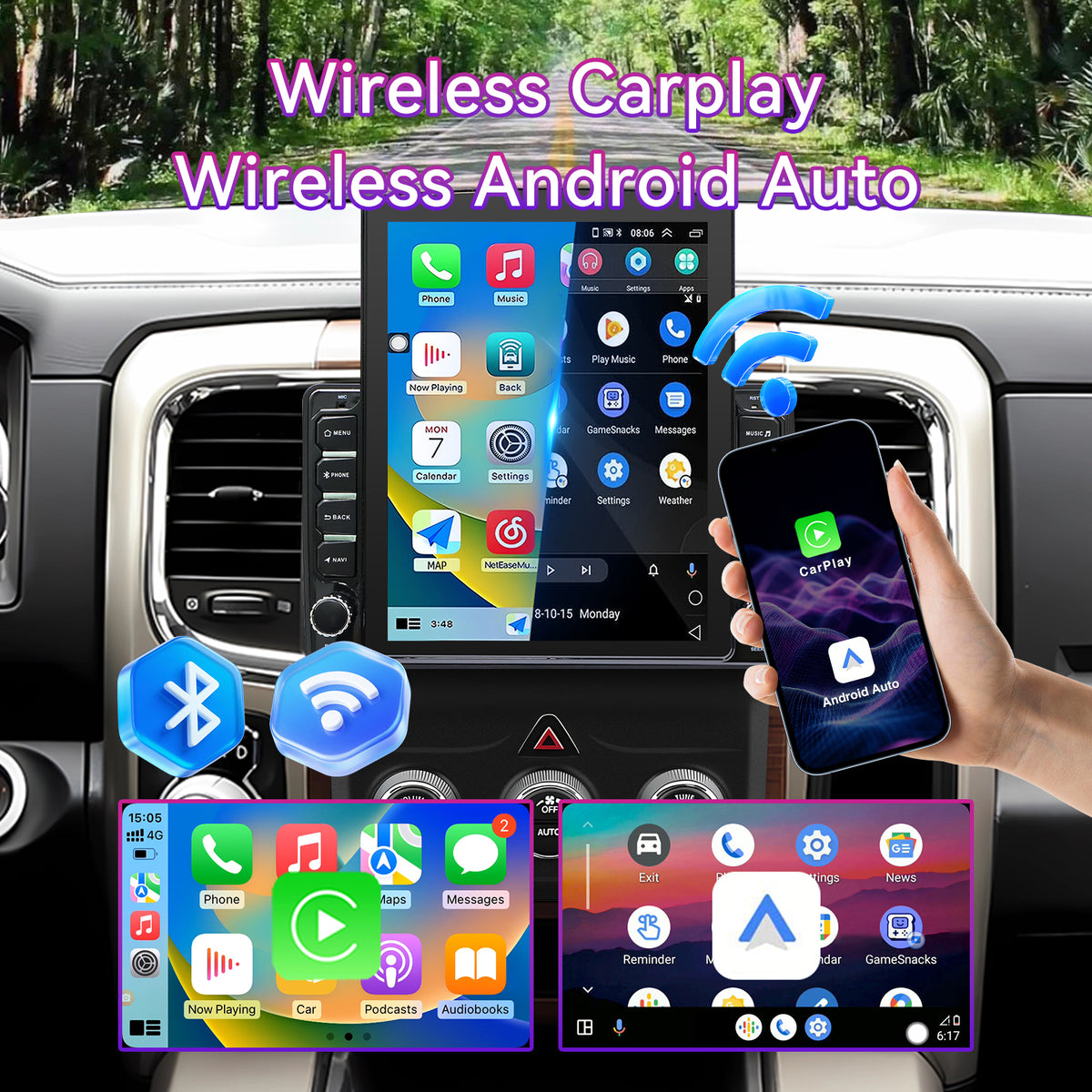 9.7" 4GB+64GB Car Stereo Compatible with Dodge Ram 1500/2500/3500 2013-2018 — Wireless CarPlay/Android Auto, GPS & Backup Camera