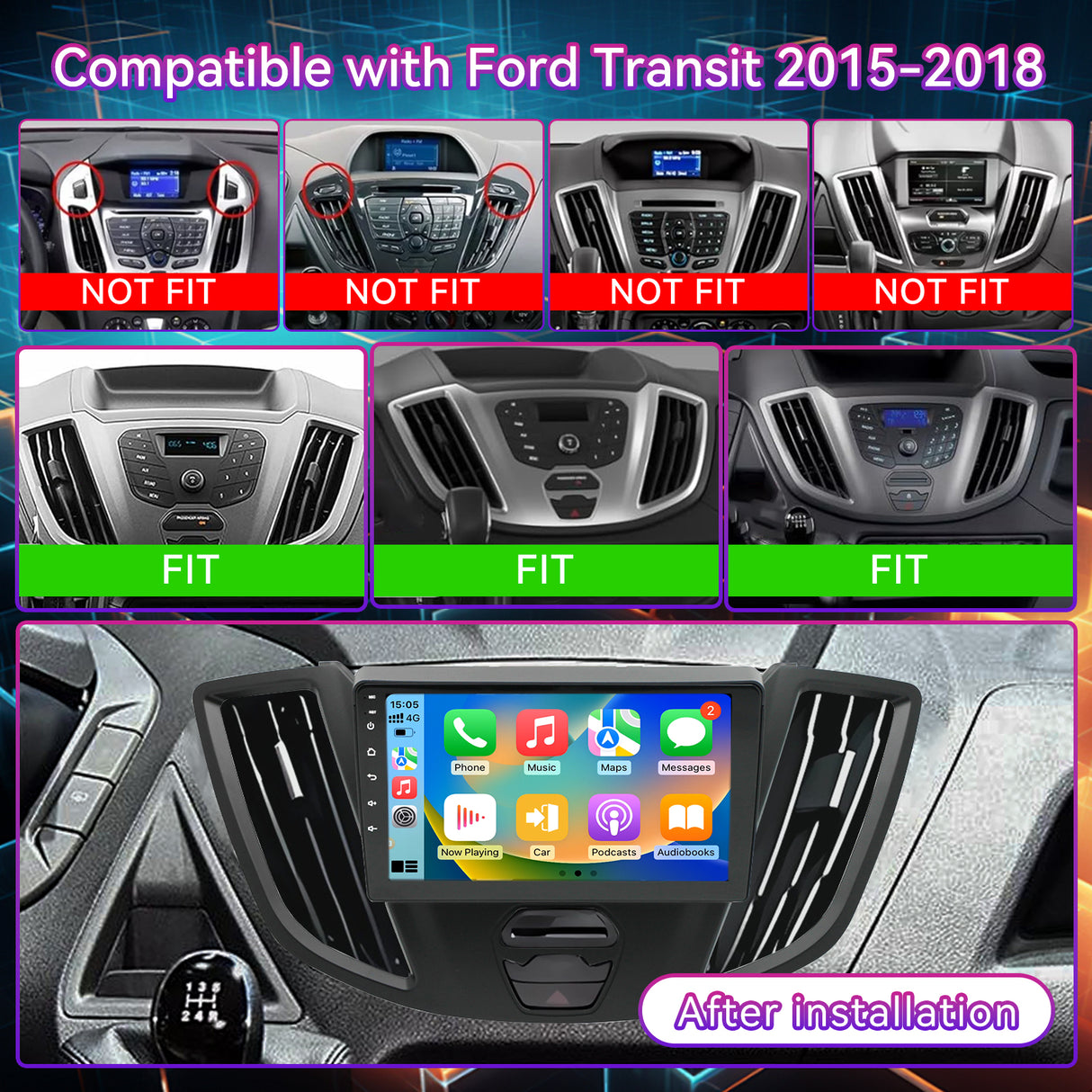 Android 13 Car Radio Compatible with Ford Transit 2015-2018, 9 Inch Wireless CarPlay/Android Auto, GPS Navigation, Bluetooth, FM Radio & Backup Camera