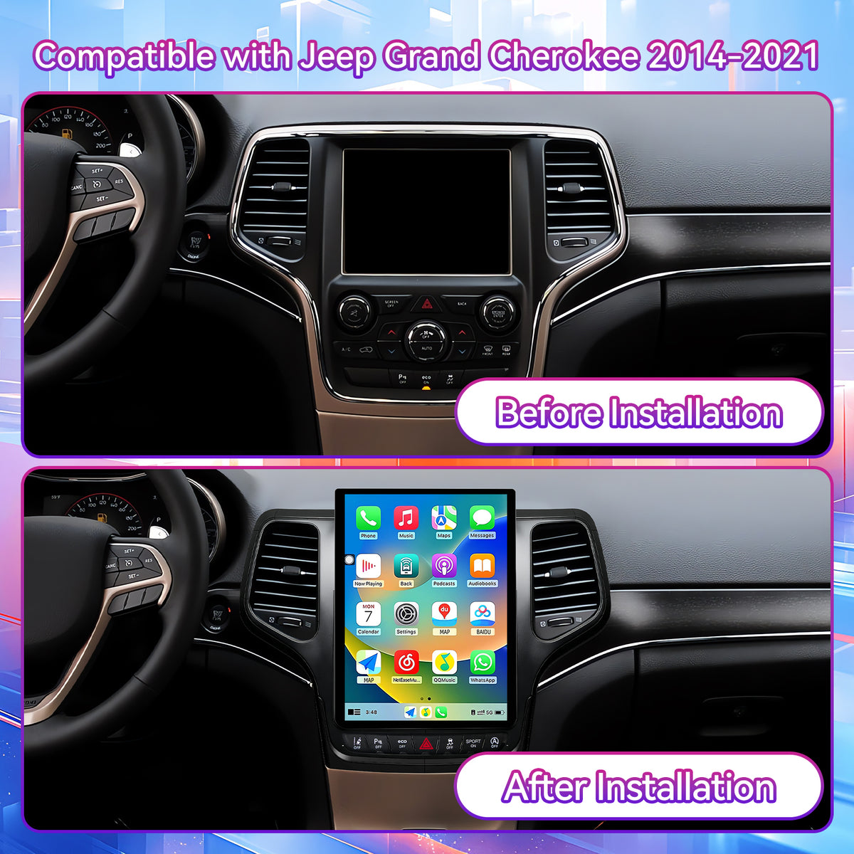 Qualcomm 8-Core Android Car Stereo Compatible with Jeep Grand Cherokee 2014-2021, 12.1" Vertical 2K Touchscreen with Wireless CarPlay/Android Auto, DSP & GPS