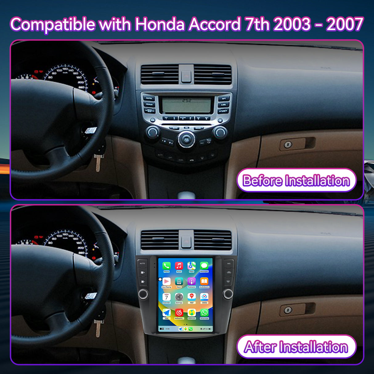 Car Stereo Radio Compatible with Honda Accord 7th 2003-2007, Wireless CarPlay/Android Auto Multimedia, GPS Navigation & Backup Camera