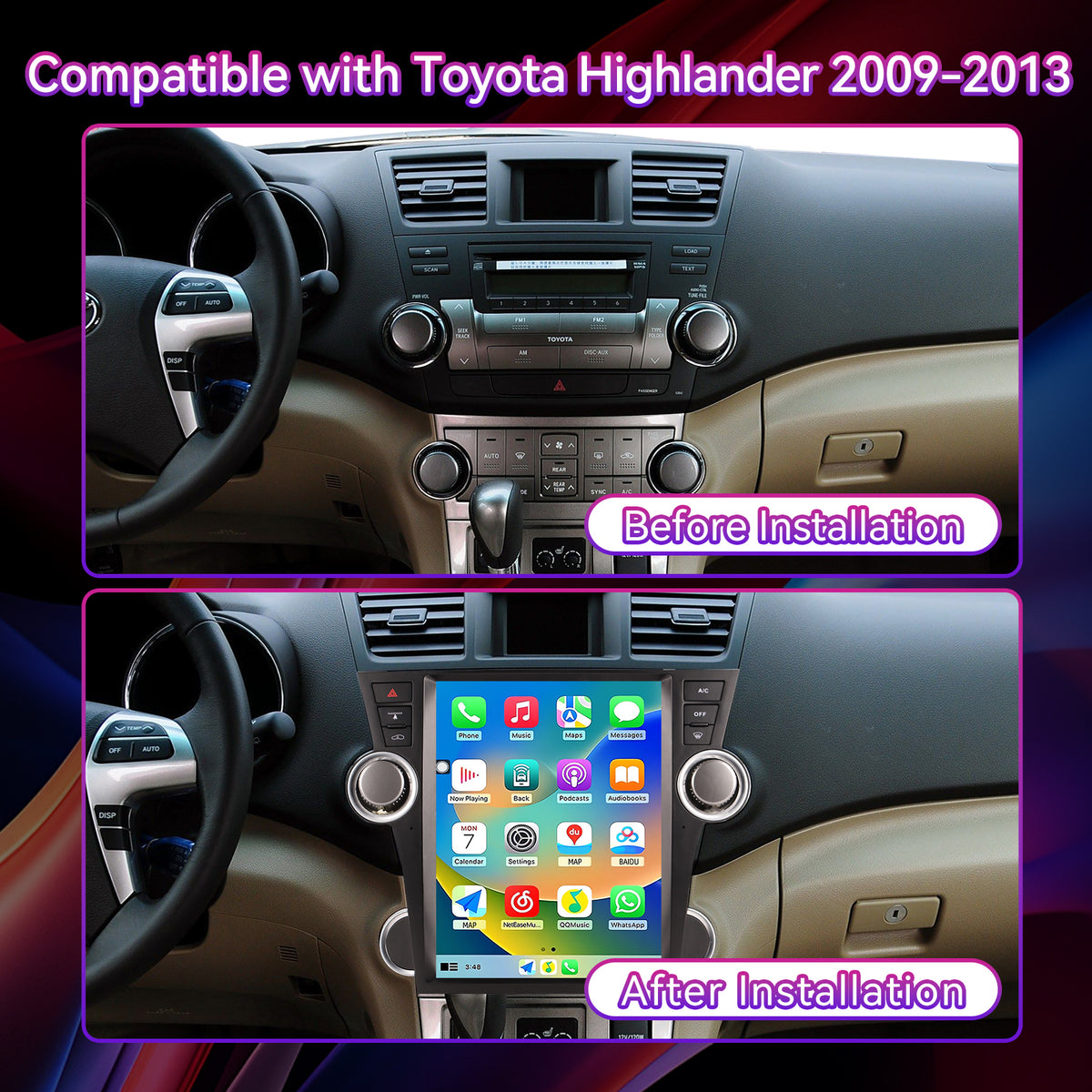 8-Core 8G+128G Car Stereo Compatible with Toyota Highlander 2009-2013, 12.1" Wireless CarPlay/Android Auto Head Unit with GPS & Backup Camera