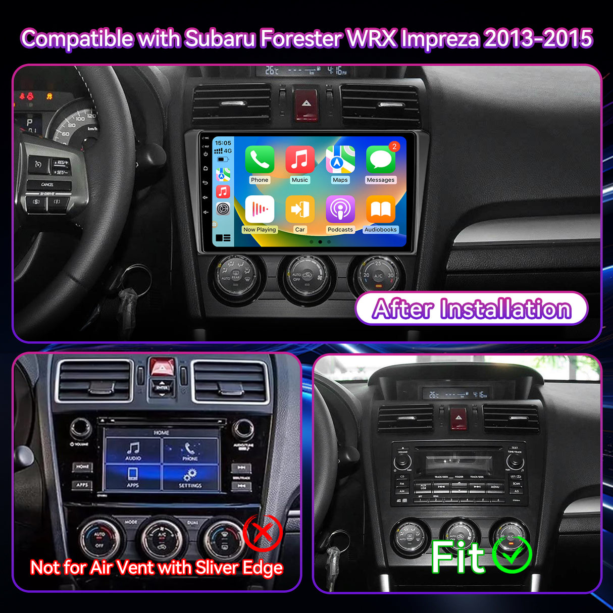 9 Inch Car Stereo Compatible with Subaru Forester WRX Impreza 2013-2015, 2GB+64GB Touch Screen Radio with Wireless CarPlay/Android Auto, GPS Navigation, WiFi, Bluetooth, Backup Camera & SWC