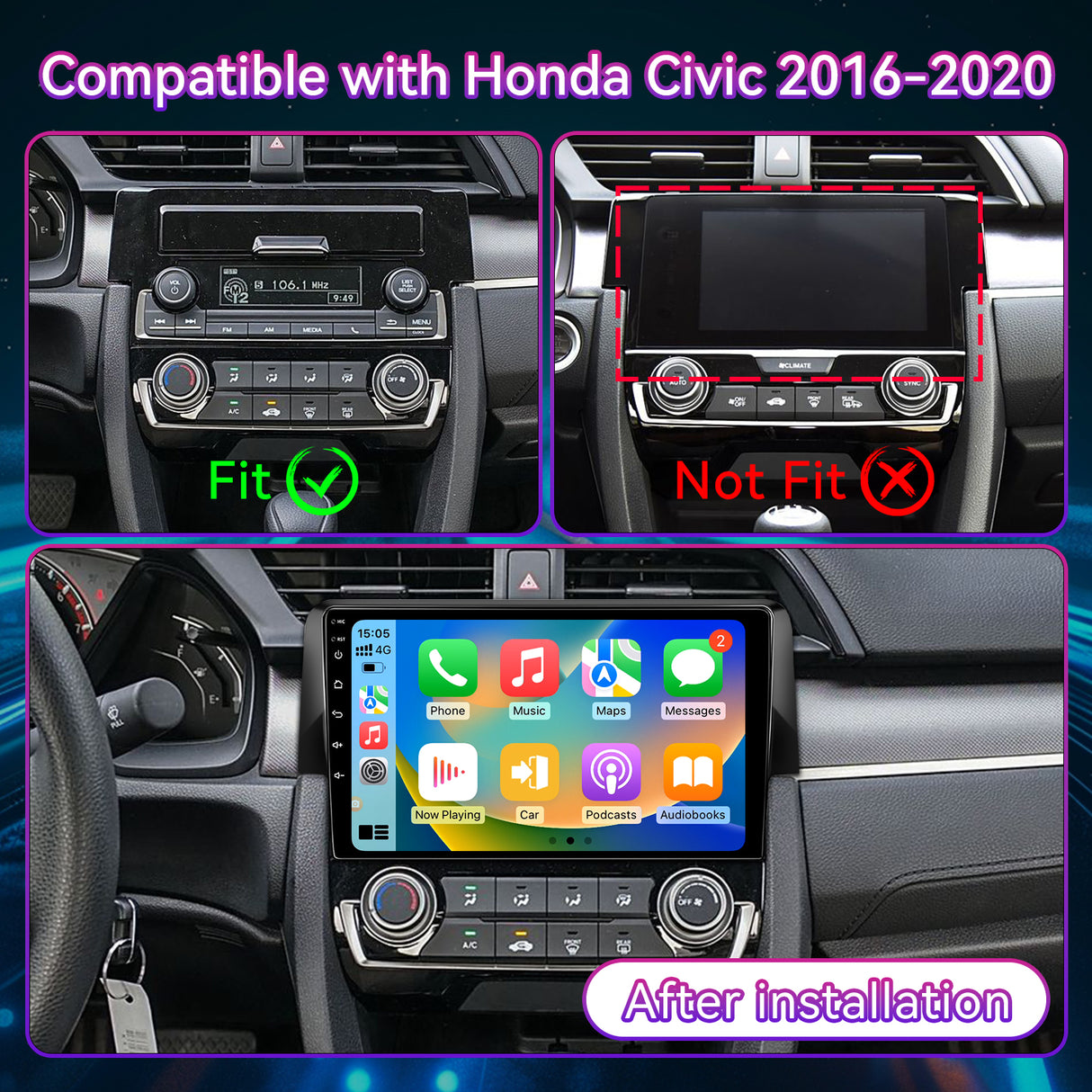 Android Car Stereo Compatible with Honda Civic 2016-2020, 9" Wireless CarPlay/Android Auto Head Unit with GPS Navigation & AHD Backup Camera