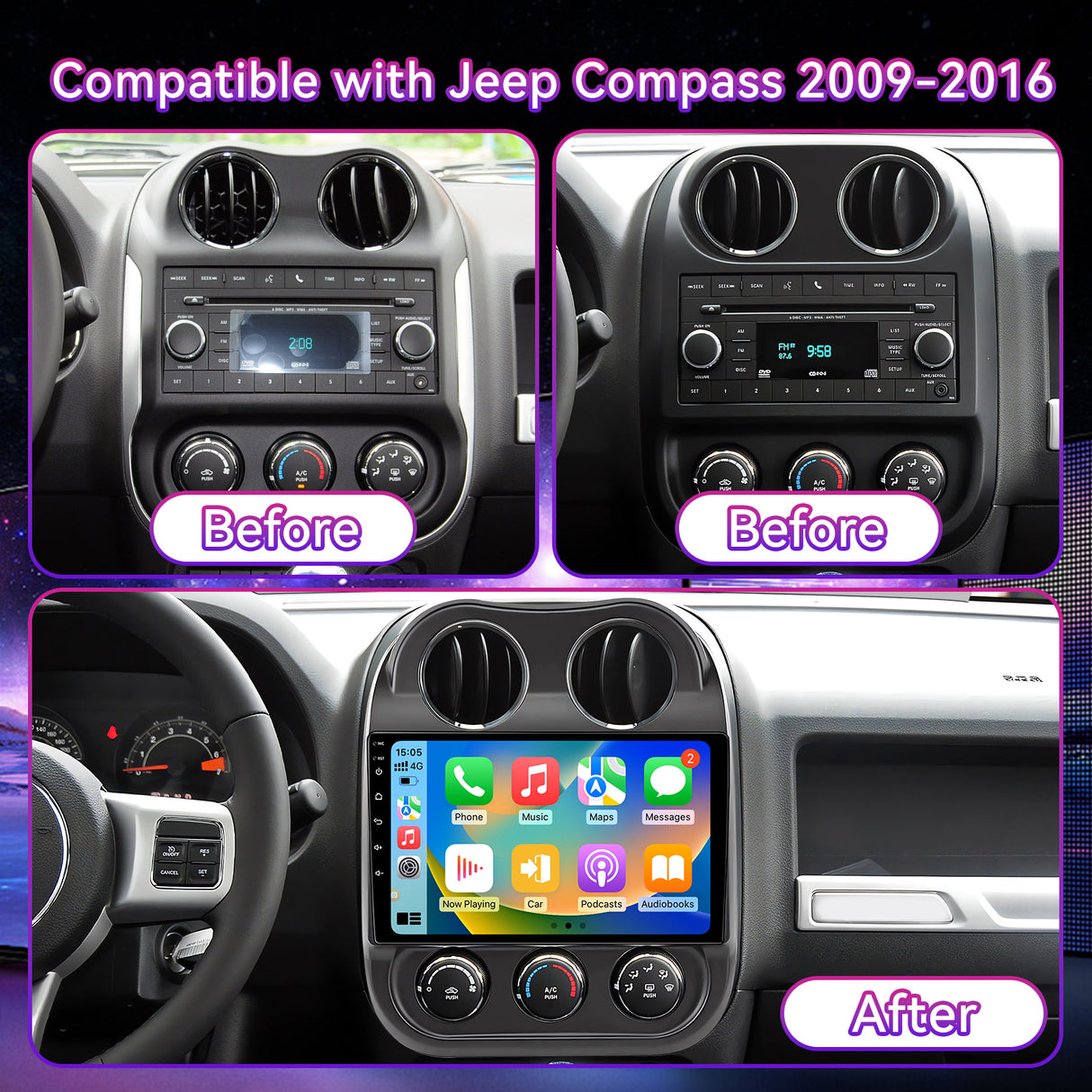 10" Car Stereo Compatible with Jeep Compass 2010-2016 & Patriot 2009-2016, Wireless CarPlay/Android Auto, GPS & SWC