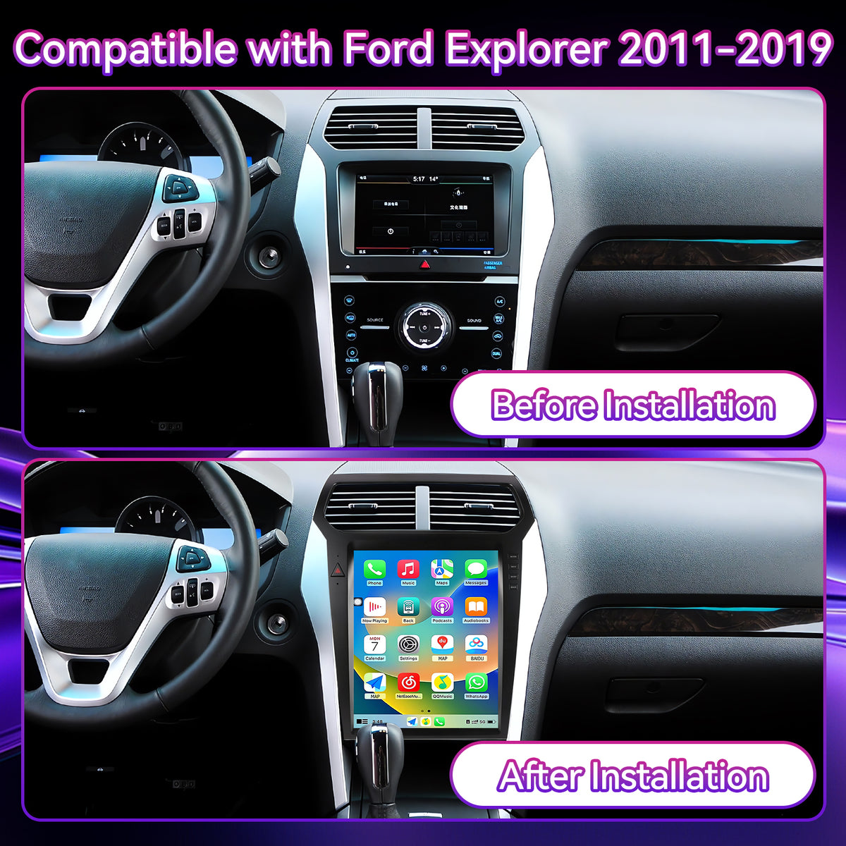 8-Core Android Car Stereo Compatible with Ford Explorer 2011-2019, 12.1" Vertical 2K Touchscreen with Wireless CarPlay/Android Auto, DSP & GPS