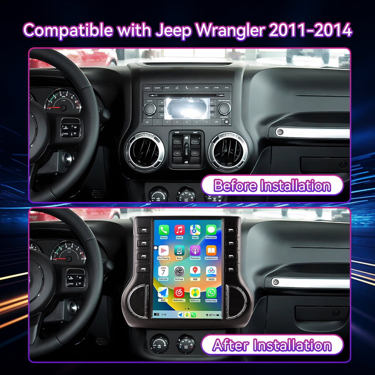 8-Core 8G+128G Android 13 Car Stereo Compatible with Jeep Wrangler 2011-2014, 12.1" Wireless CarPlay/Android Auto Head Unit with GPS & Backup Camera