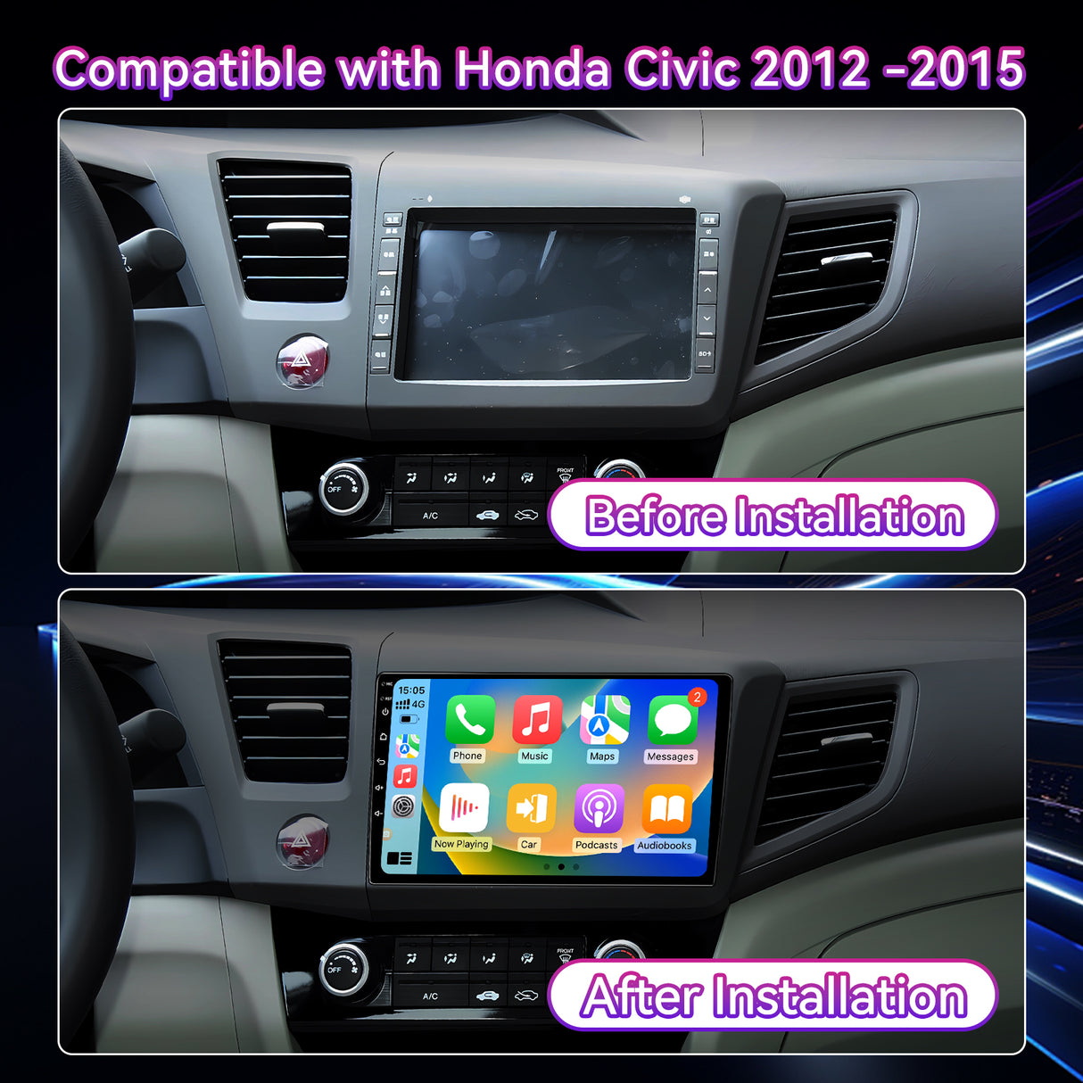 Android 13 Car Stereo Compatible with Honda Civic 2012-2015, 9" Wireless CarPlay/Android Auto Head Unit with GPS Navigation & Backup Camera