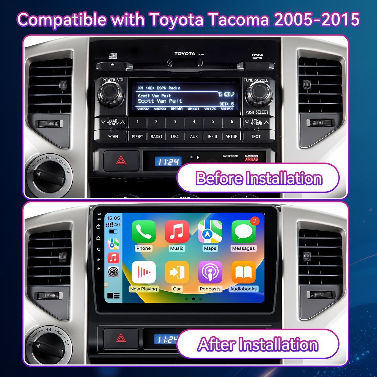 9" Android 13 Touchscreen Radio Compatible with Toyota Tacoma 2005-2015 — Wireless CarPlay, GPS, DSP & Backup Camera Included
