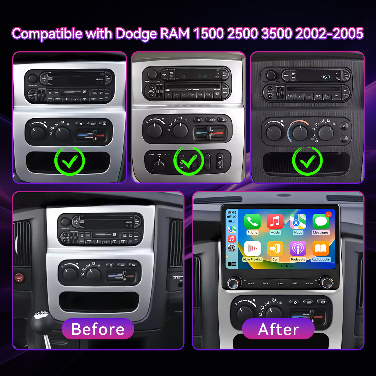 Car Stereo Radio Compatible with Dodge RAM 1500 2500 3500 2002-2005,Android 14,4+64G,9 Inch Touchscreen Head Unit Support WiFi/Bluetooth/Wireless Carplay Android Auto/GPS/Mirror Link