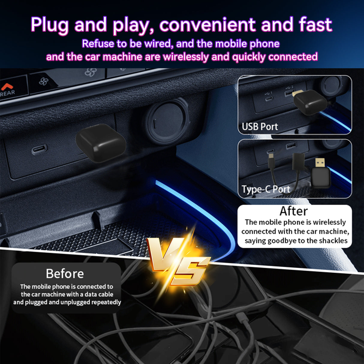 ULhome Wireless CarPlay Adapter & Android Auto Dongle, Fast Auto-Connect, Compact Plug & Play Wireless CarPlay Converter for iPhone & Android, USB/USB-C, No Delay, Seamless Reconnection