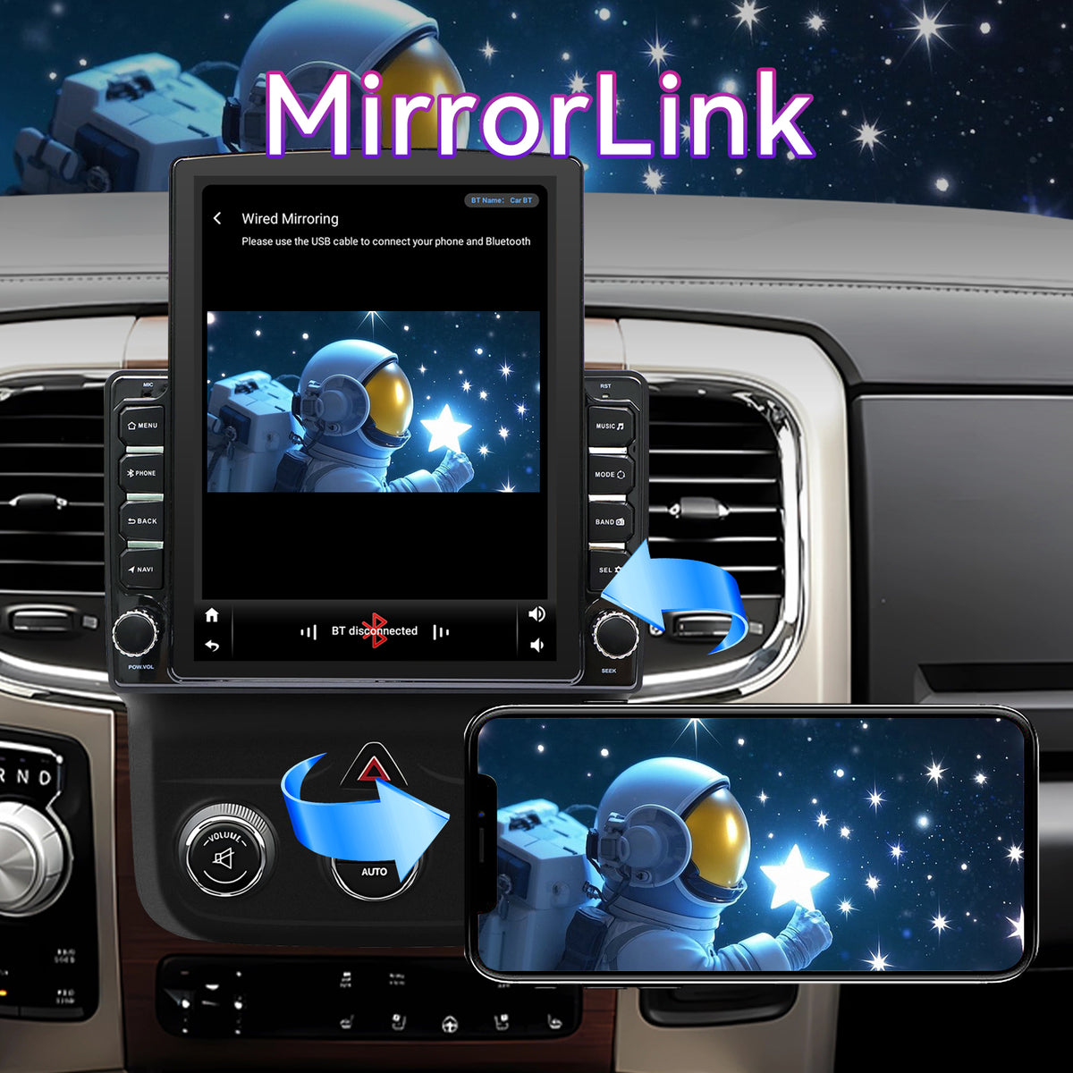 9.7" 4GB+64GB Car Stereo Compatible with Dodge Ram 1500/2500/3500 2013-2018 — Wireless CarPlay/Android Auto, GPS & Backup Camera