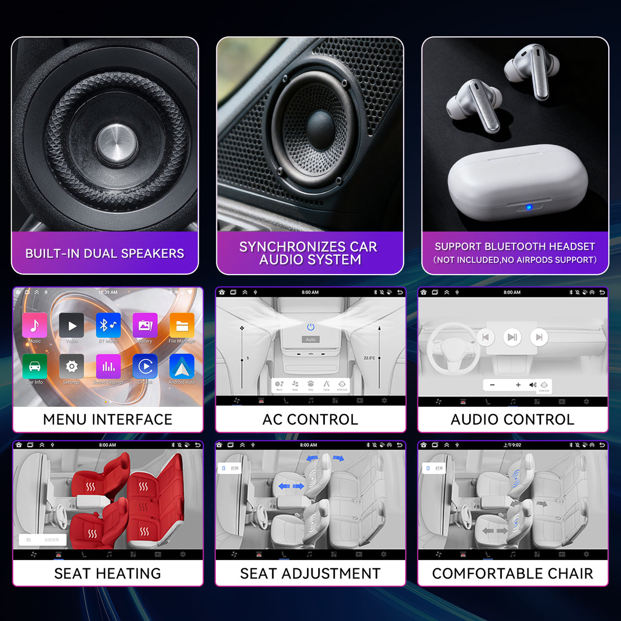 8.7" Rear Screen Compatible with Tesla Model 3 2019-2023 & Model Y 2019-2024,4+64G Rear Seat Entertainment Display Screen with Air Conditioning Control,Wireless Carplay/Android auto