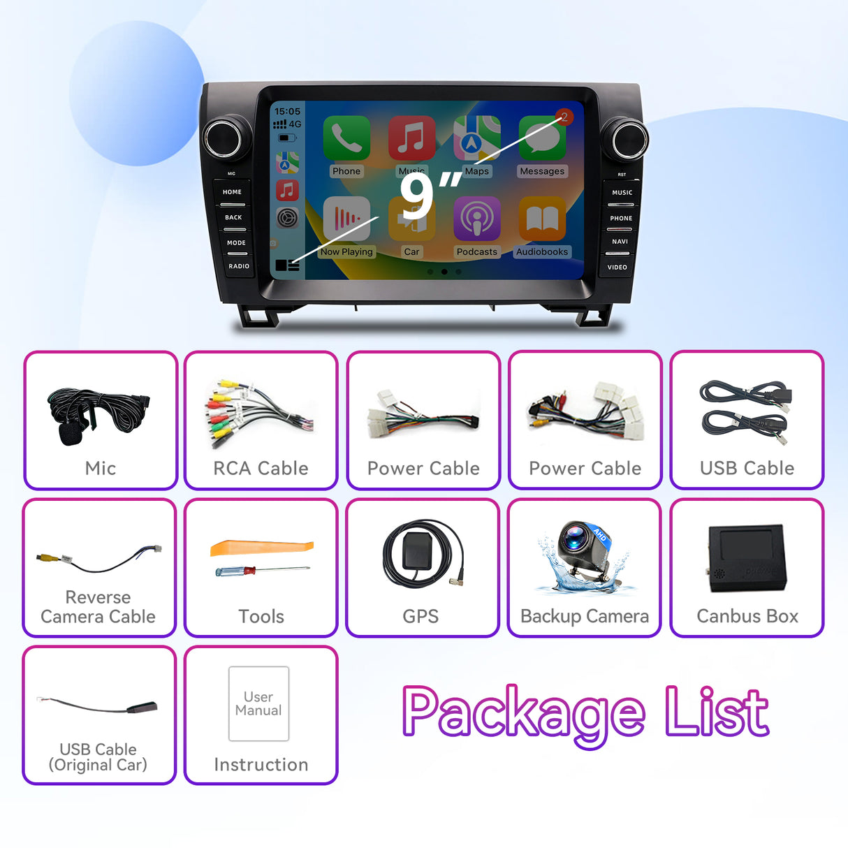 Car Stereo Compatible with Toyota Tundra 2006-2013 & Sequoia 2013-2019, 9" Wireless CarPlay/Android Auto Head Unit with GPS & Backup Camera