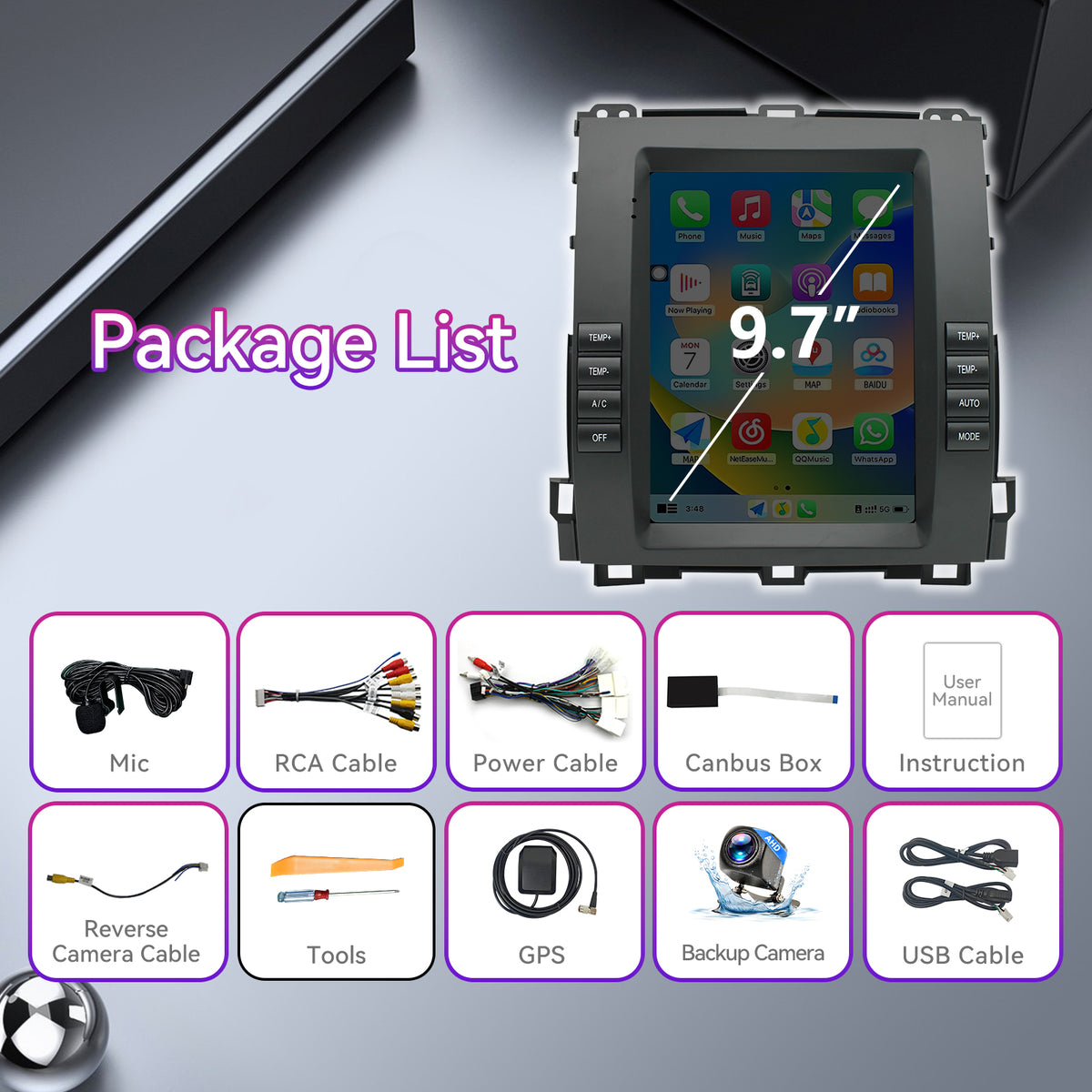 Android 13 Car Stereo Compatible with Lexus GX470 2002-2009 & Toyota Prado, 9.7" Wireless CarPlay/Android Auto Head Unit with GPS Navigation & Backup Camera