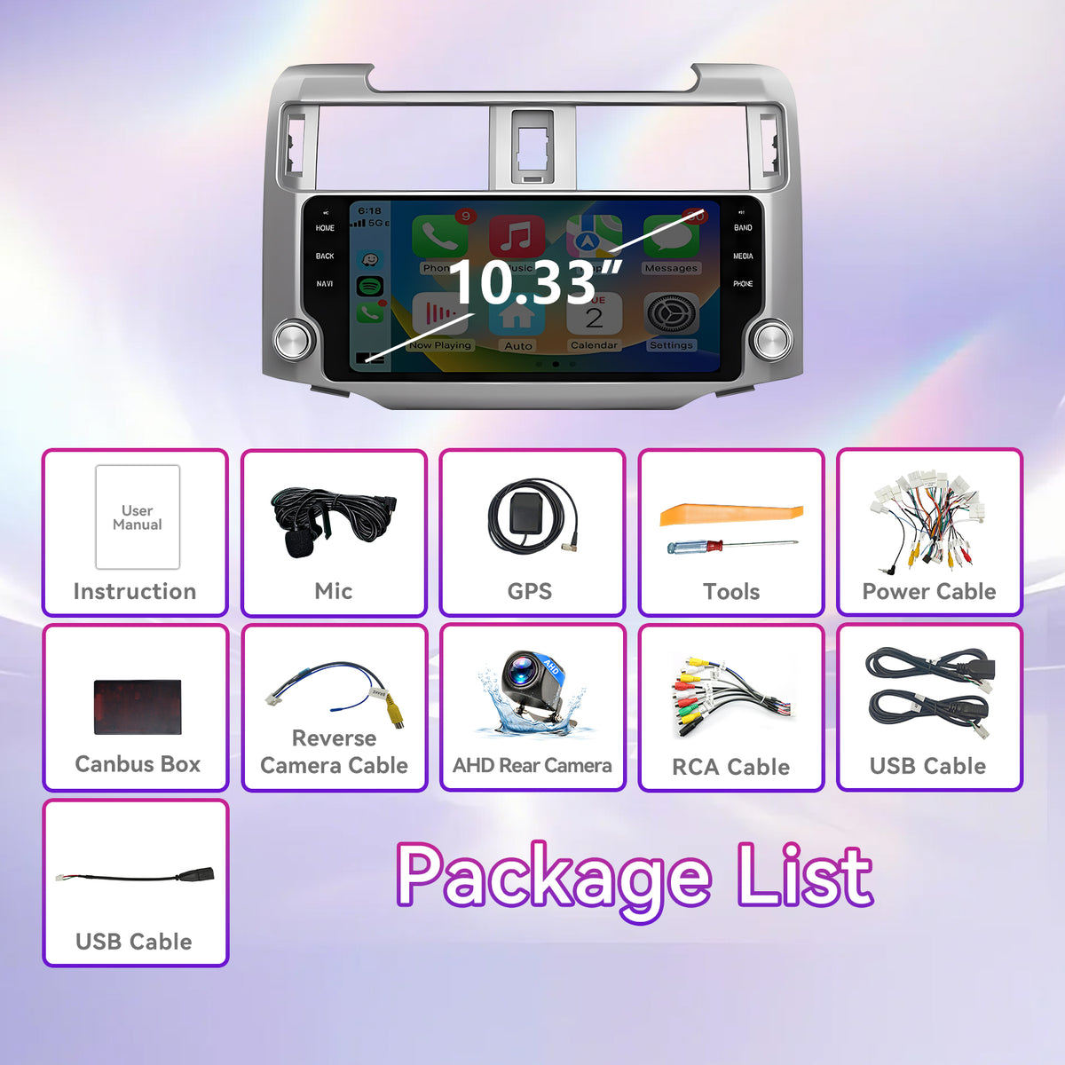 10.33" 4GB+64GB Android Car Stereo Compatible with Toyota 4Runner 2009-2019 — Wireless CarPlay/Android Auto, GPS, Custom EQ & AHD Backup Camera