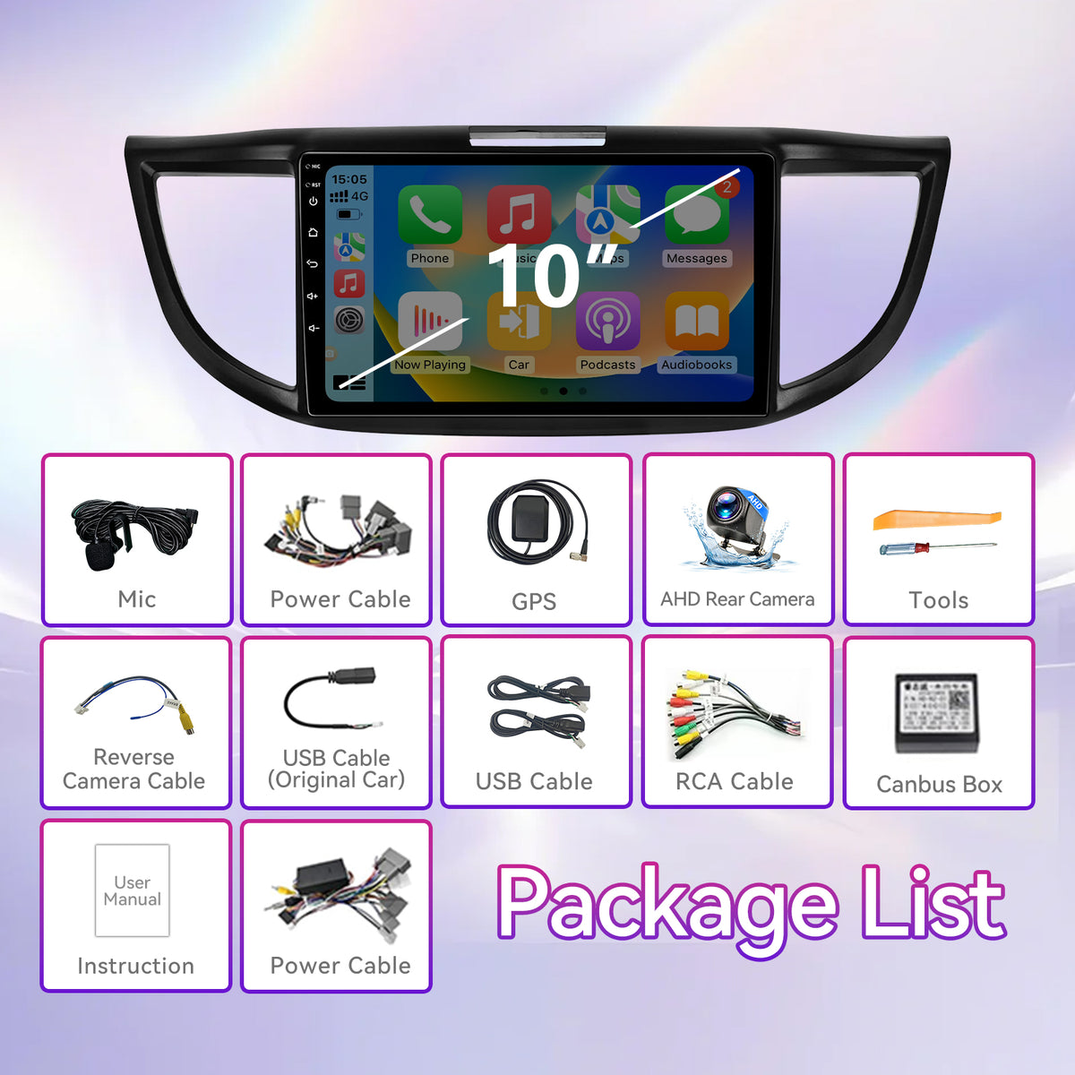 10" Android Touchscreen Car Stereo Compatible with Honda CRV 2012-2016 — Wireless CarPlay/Android Auto, GPS Navigation & AHD Backup Camera