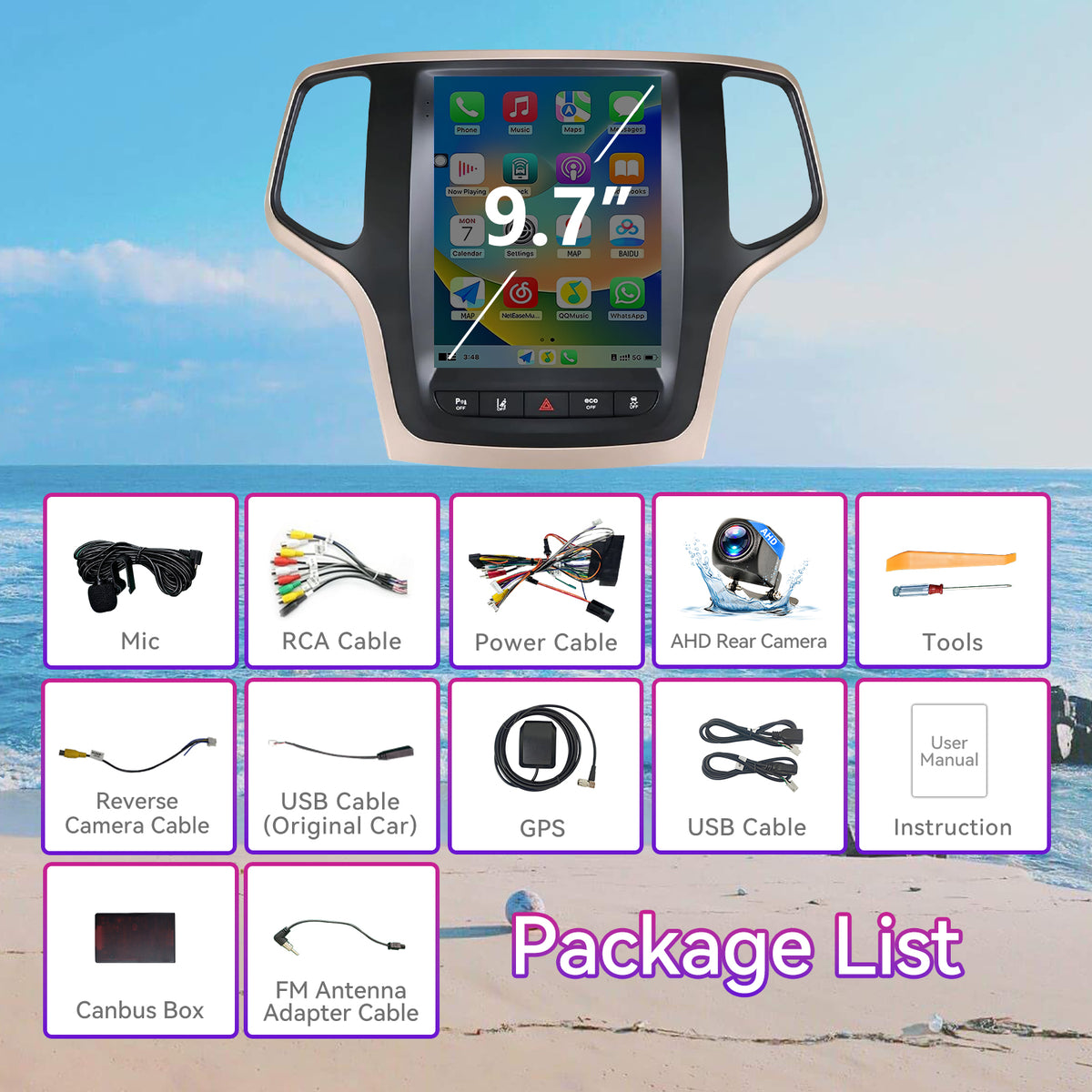 Car Stereo Compatible with Jeep Grand Cherokee 2014-2017, 9.7" 4GB+64GB Wireless CarPlay/Android Auto Head Unit with GPS & Backup Camera