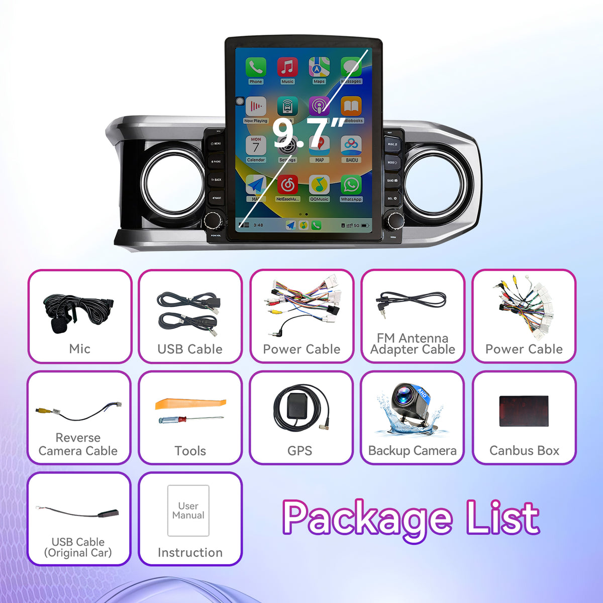 Car Stereo Compatible with Toyota Tacoma 2016-2022, 9.7" 2GB+64GB Wireless CarPlay/Android Auto Head Unit with GPS & 1080P Backup Camera