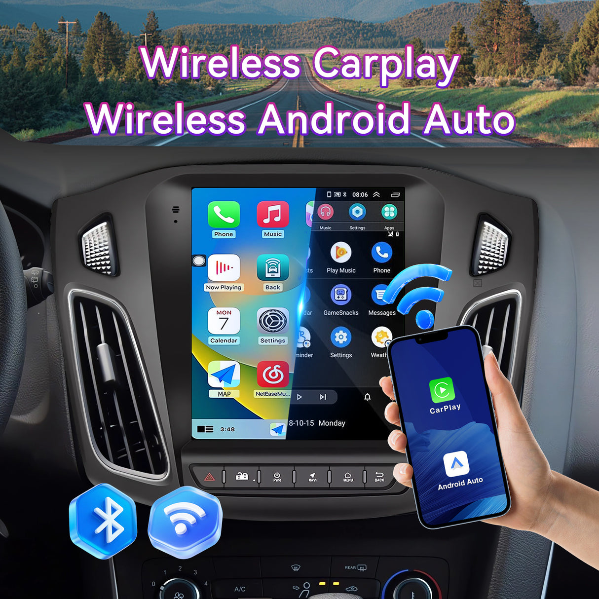 Android Car Stereo Compatible with Ford Focus 2012-2018, 9.7" Wireless CarPlay/Android Auto Head Unit with GPS Navigation & Backup Camera