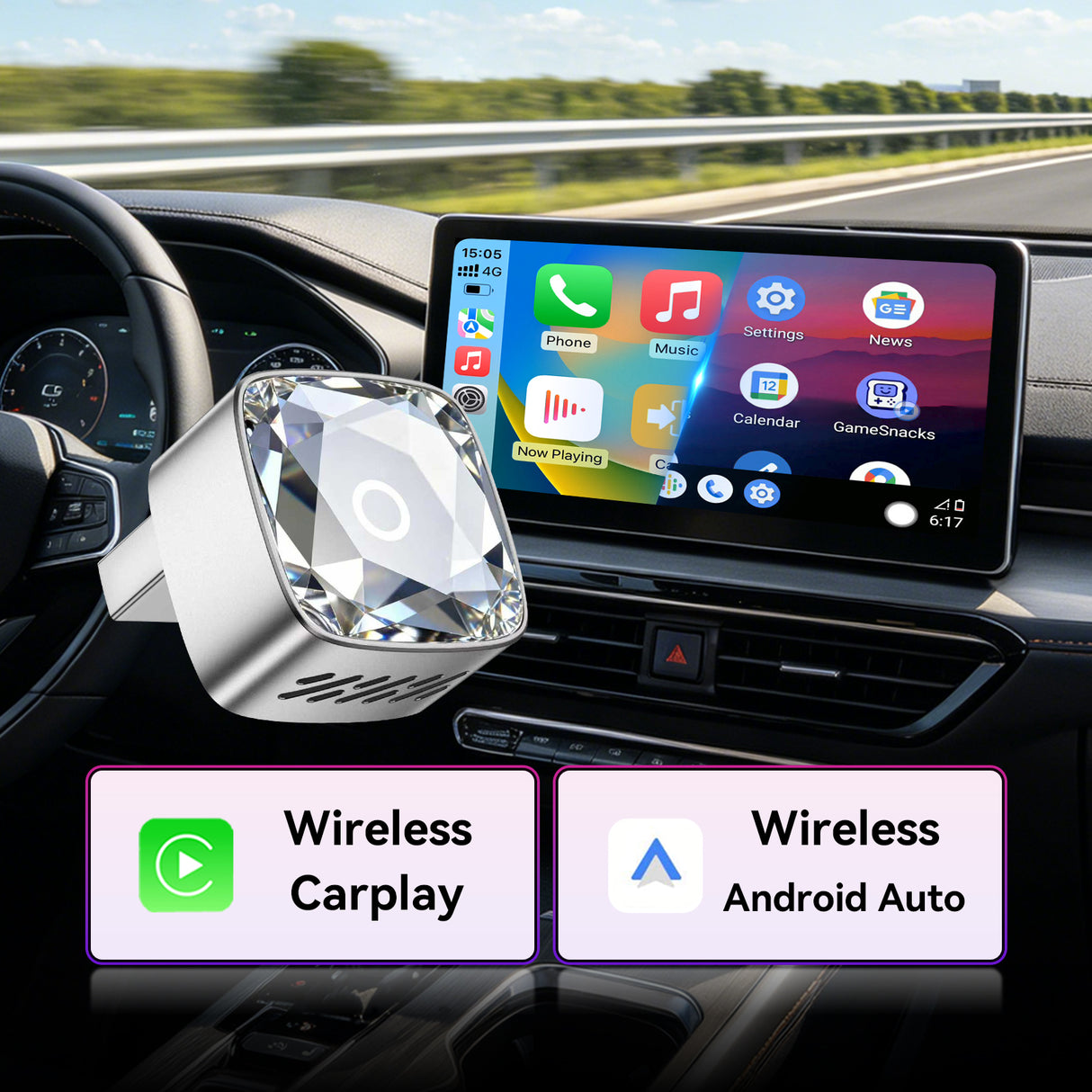 Mini 2026 Wireless CarPlay & Android Auto Adapter – Plug & Play, Fast Auto-Reconnect, 5GHz WiFi + Bluetooth 5.0, Hi-Fi Audio, USB-C, Compatible with iOS 10+/Android 10+