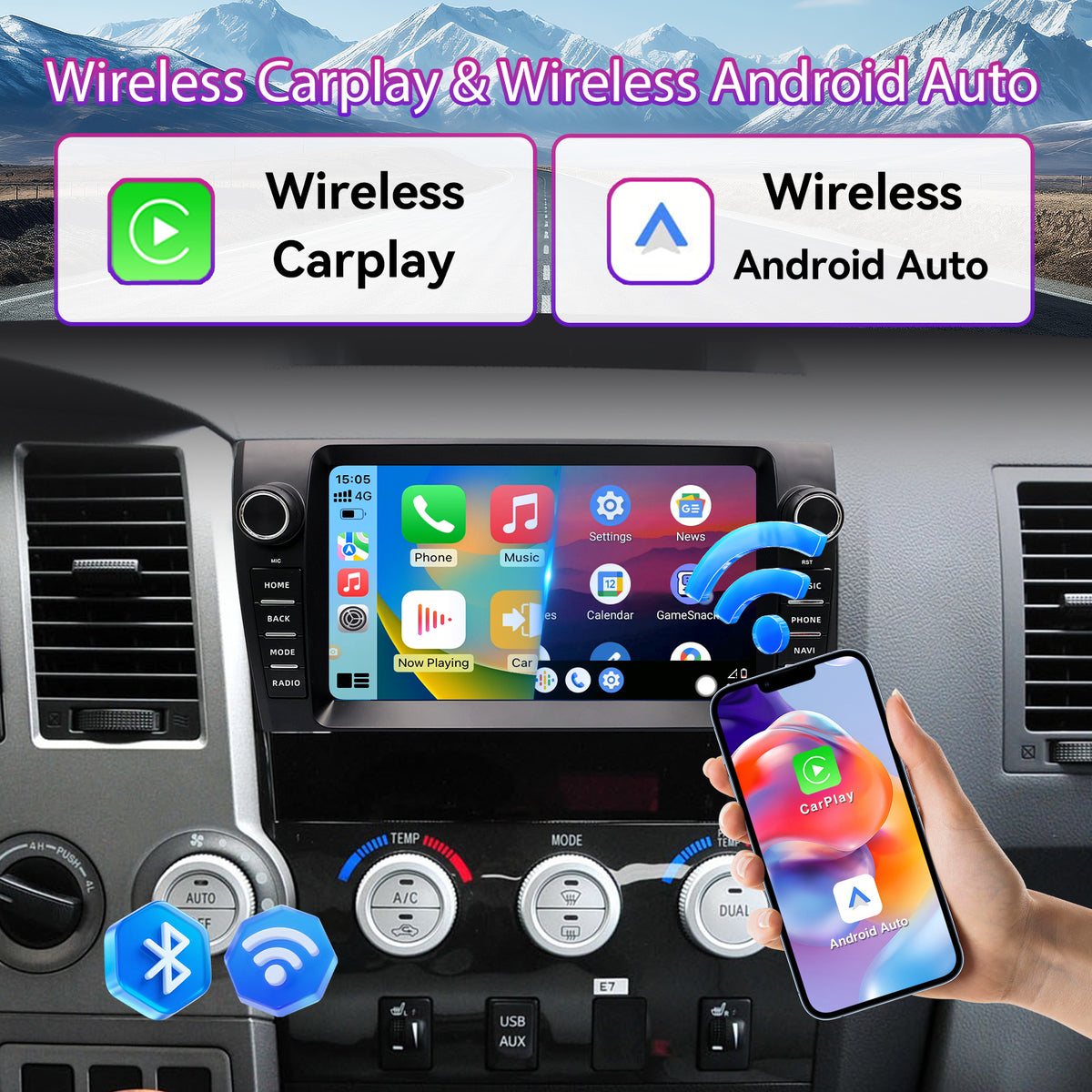 Car Stereo Compatible with Toyota Tundra 2006-2013 & Sequoia 2013-2019, 9" Wireless CarPlay/Android Auto Head Unit with GPS & Backup Camera