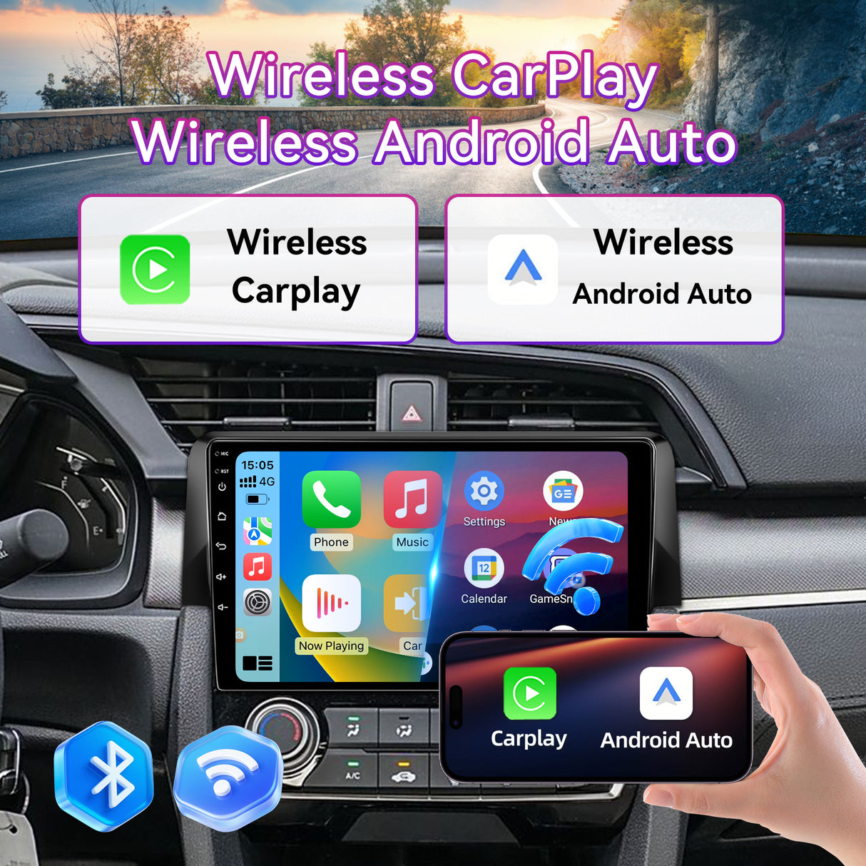 Android Car Stereo Compatible with Honda Civic 2016-2020, 9" Wireless CarPlay/Android Auto Head Unit with GPS Navigation & AHD Backup Camera