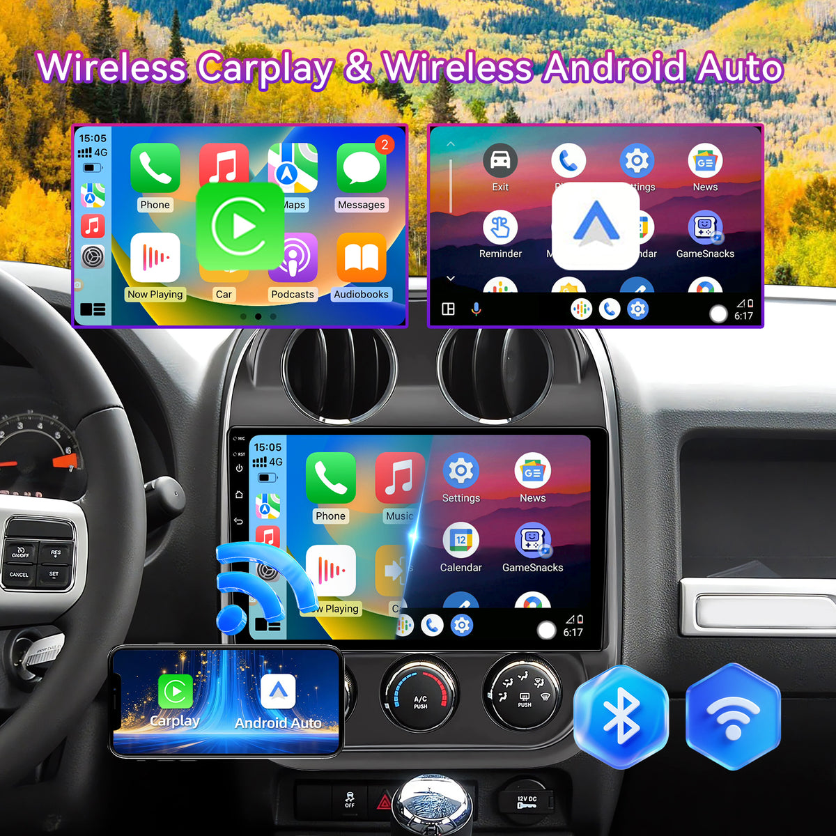 10" Car Stereo Compatible with Jeep Compass 2010-2016 & Patriot 2009-2016, Wireless CarPlay/Android Auto, GPS & SWC