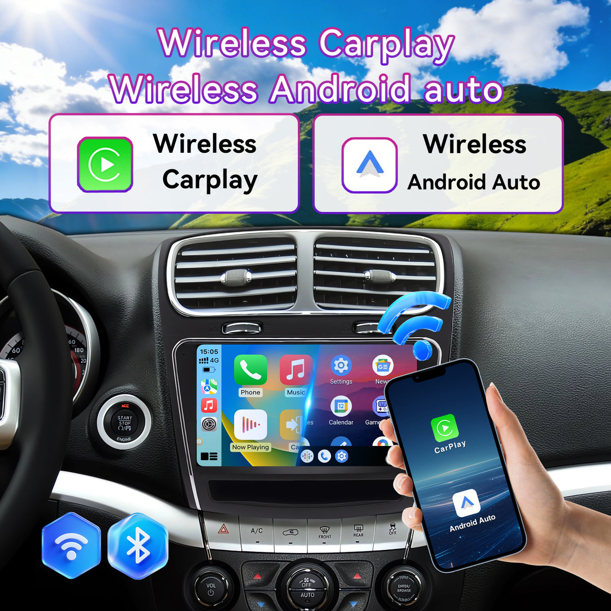 9" Android 13 Touchscreen Radio Compatible with Dodge Journey 2011-2019 — Wireless CarPlay, GPS & Backup Camera Included