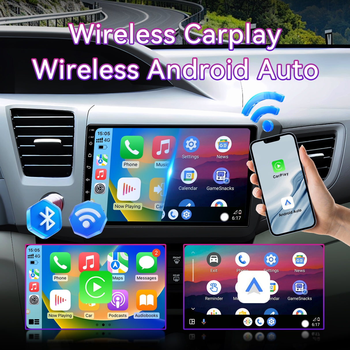 Android 13 Car Stereo Compatible with Honda Civic 2012-2015, 9" Wireless CarPlay/Android Auto Head Unit with GPS Navigation & Backup Camera