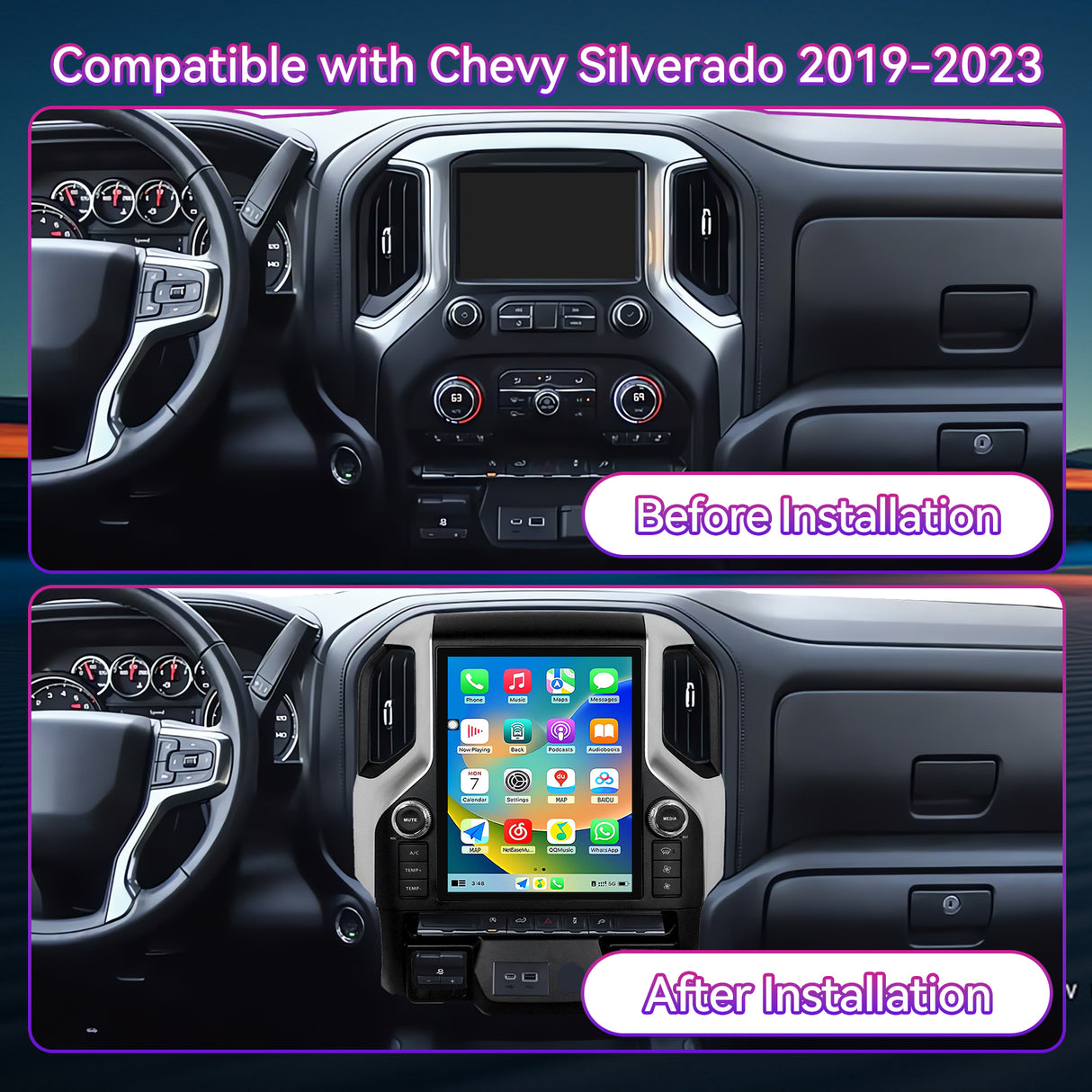 ULHOME 12.1" Touchscreen Car Stereo Radio Compatible with Chevy Silverado/GMC Sierra 2019-2022, 8-Core 4G+64G Head Unit with Wireless CarPlay/Android Auto, GPS Navigation & Multimedia Player