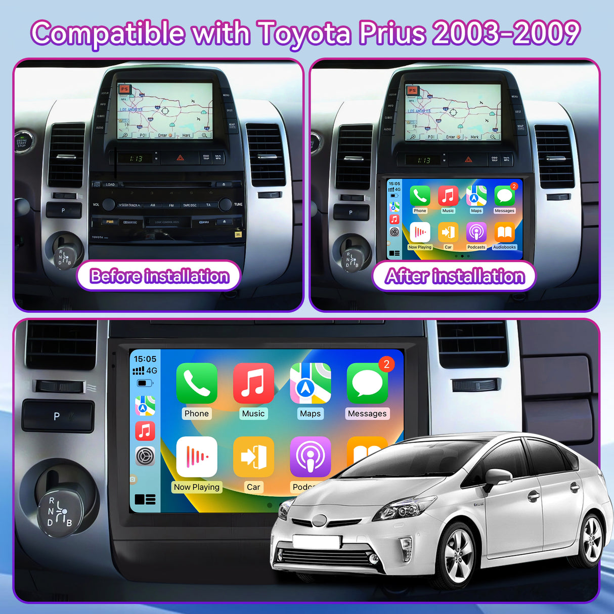 9" Car Stereo Compatible with Toyota Prius 2003-2009, Wireless CarPlay/Android Auto, 2GB+64GB Android 14 Head Unit with GPS Navigation, SWC & Backup Camera