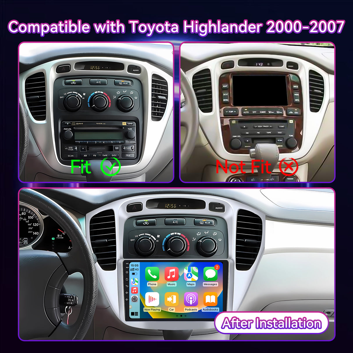 9" Android 13 Touchscreen Radio Compatible with Toyota Highlander 2000-2007 — Wireless CarPlay, GPS & Backup Camera Included