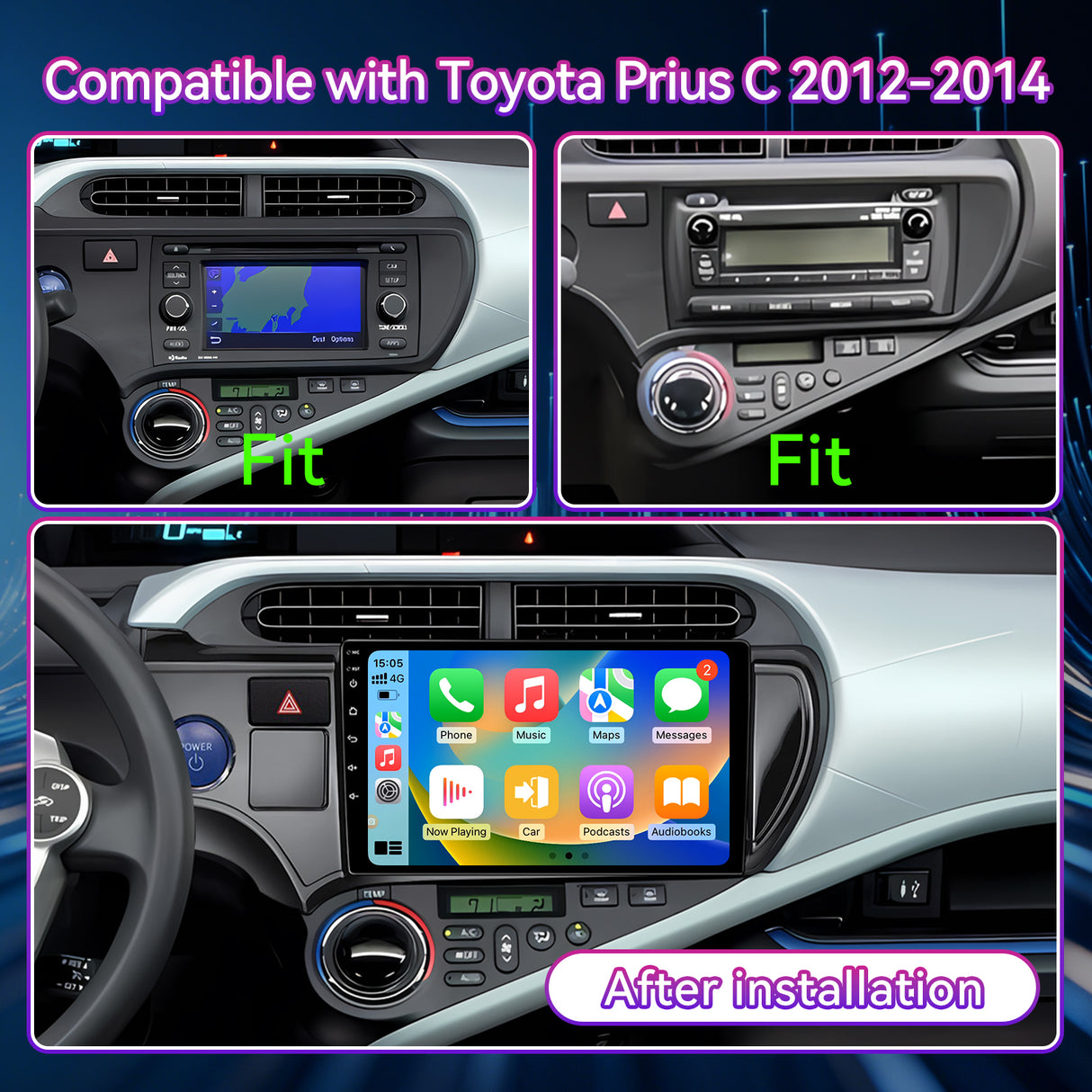 9" Android Touchscreen Radio Compatible with Toyota Prius C 2012-2014 — Wireless CarPlay, GPS & Backup Camera Included
