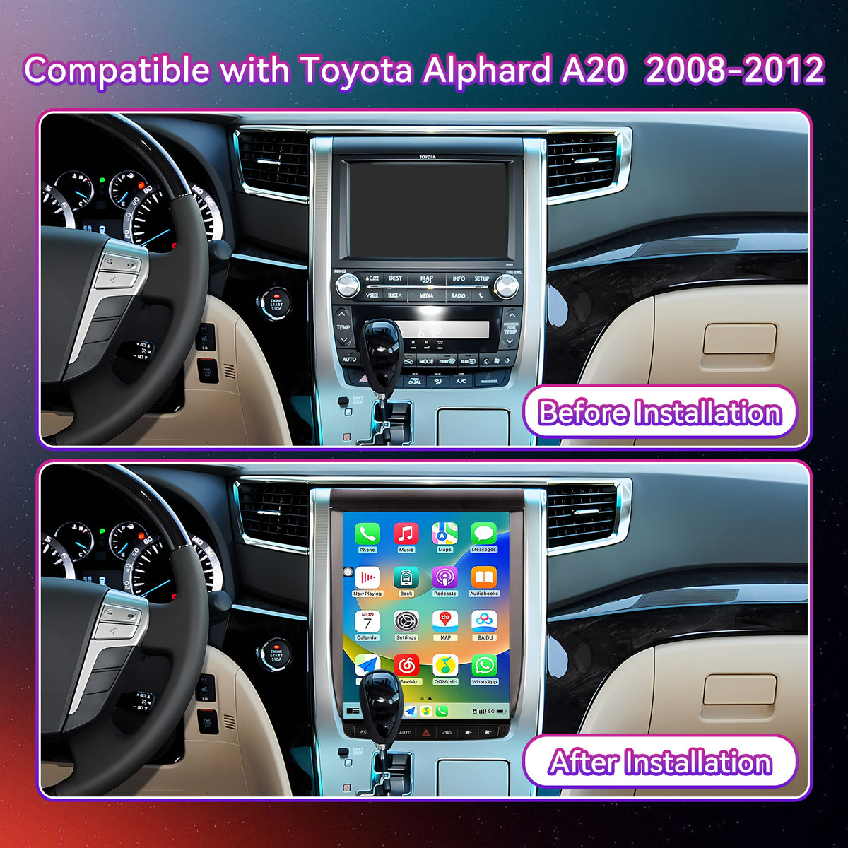 8-Core Android Car Stereo Compatible with Toyota Alphard A20 2008-2012, 12.1" Vertical 2K Touchscreen with Wireless CarPlay/Android Auto, DSP & GPS