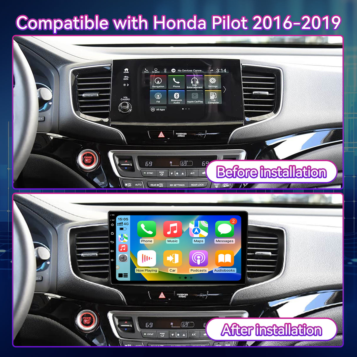 Android Car Stereo compatibility with Honda Pilot 2016-2019 — 10" Vertical Touchscreen with Wireless CarPlay, GPS & AHD Backup Camera