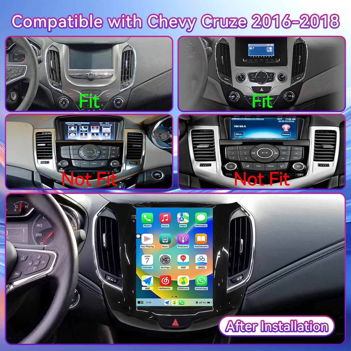 9.7" Car Stereo Radio Compatible with Chevy Cruze 2016-2018 — Wireless Carplay/Andriod Auto, Touchscreen Support Bluetooth, FM/GPS/Screen mirroring/SWC/Backup Camera