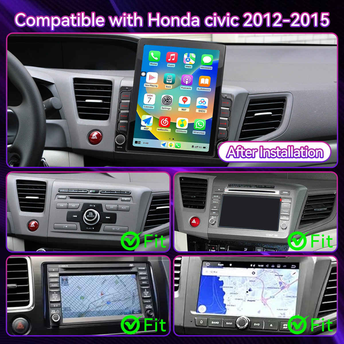 9.7" Touchscreen Radio Compatible with Honda Civic 2012-2015 — Wireless CarPlay, GPS & AHD Backup Camera Included