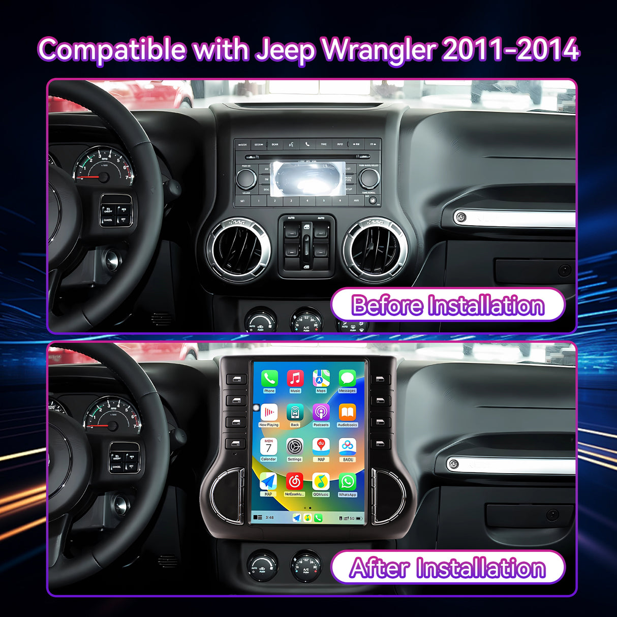 8-Core 8G+128G Android 13 Car Stereo Compatible with Jeep Wrangler 2011-2014, 12.1" Wireless CarPlay/Android Auto Head Unit with GPS & Backup Camera