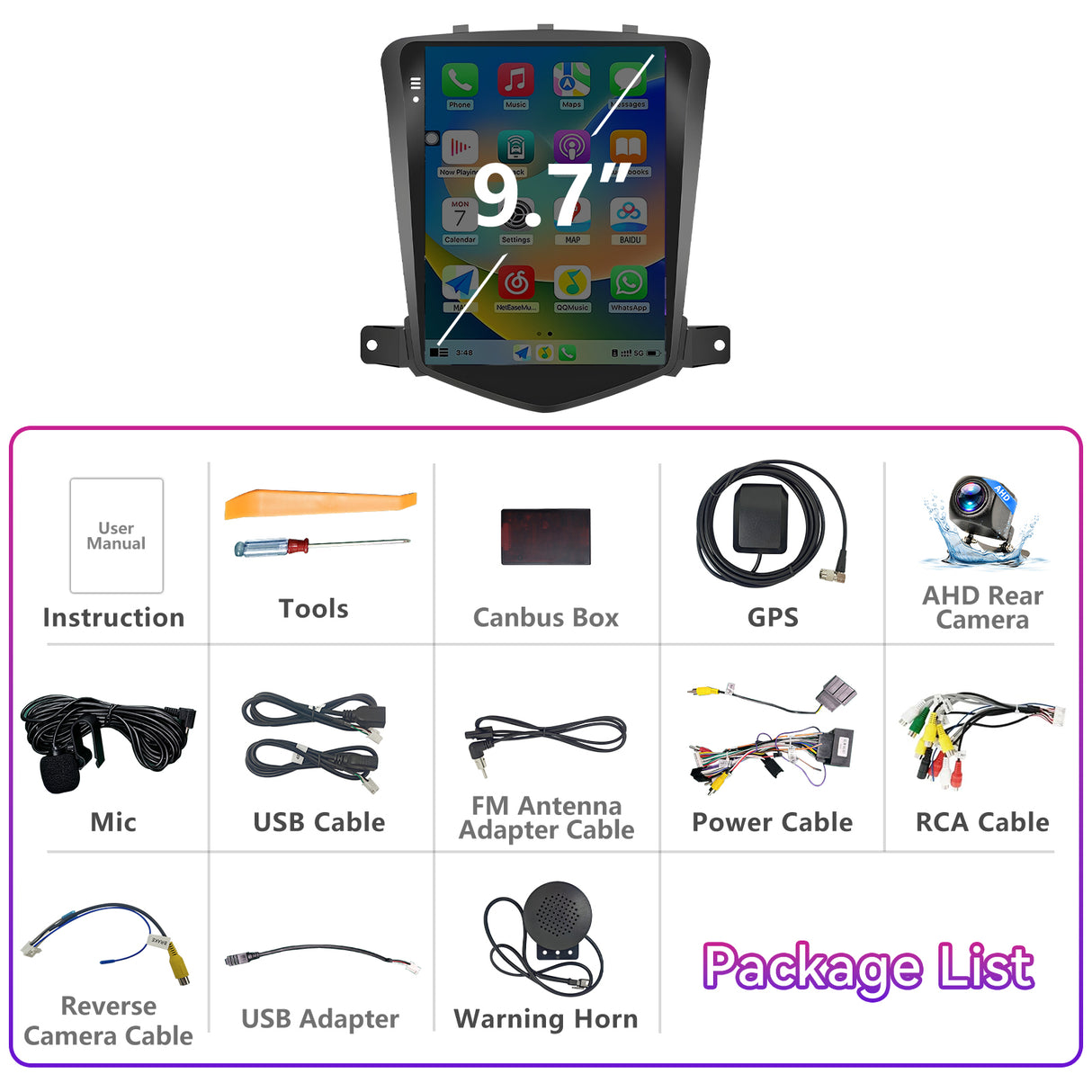 9.7" Android 13 Car Stereo Compatible with Chevy Cruze 2009-2014, 2+64GB Head Unit with Wireless CarPlay/Android Auto, GPS SWC FM Backup Camera