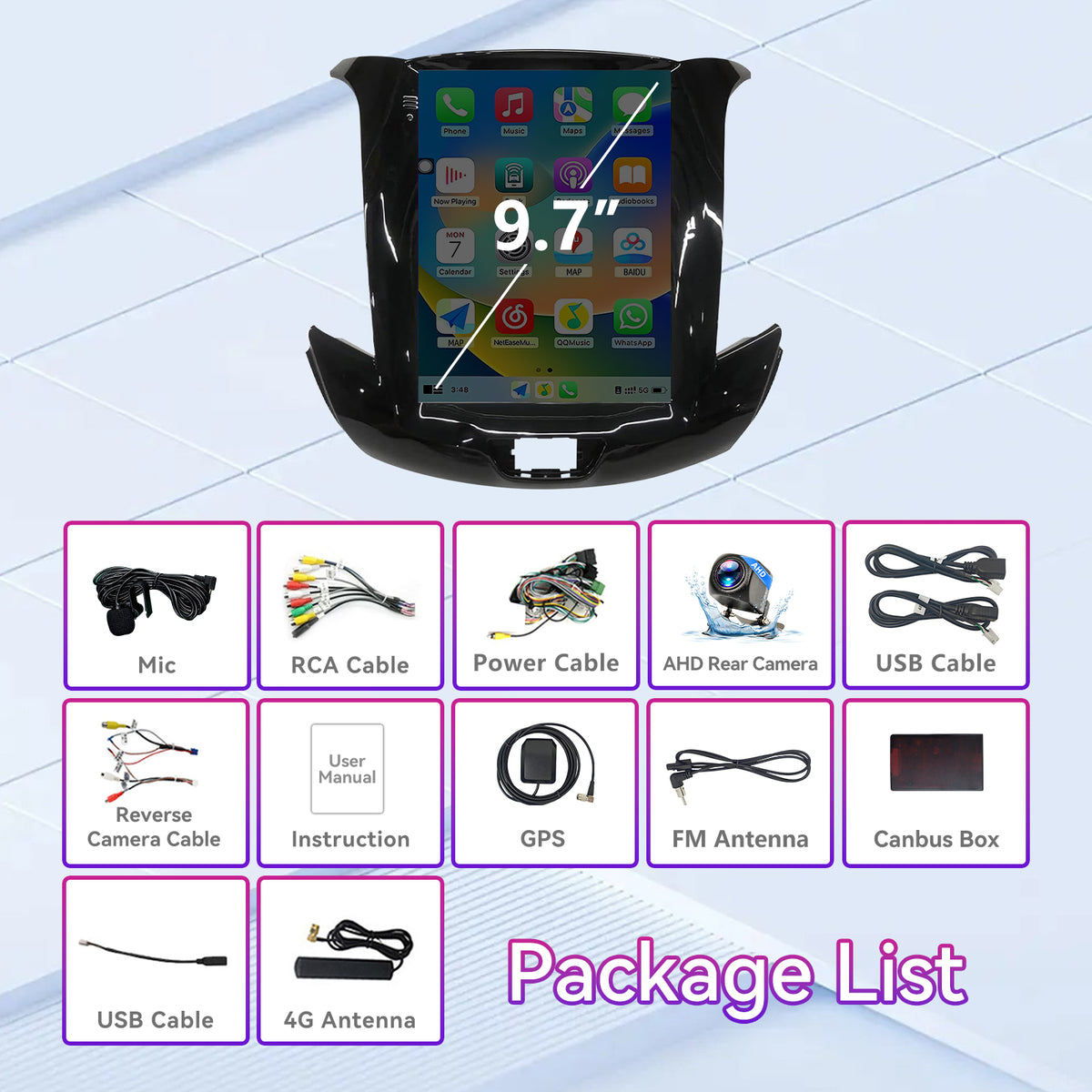 9.7" Car Stereo Radio Compatible with Chevy Cruze 2016-2018 — Wireless Carplay/Andriod Auto, Touchscreen Support Bluetooth, FM/GPS/Screen mirroring/SWC/Backup Camera
