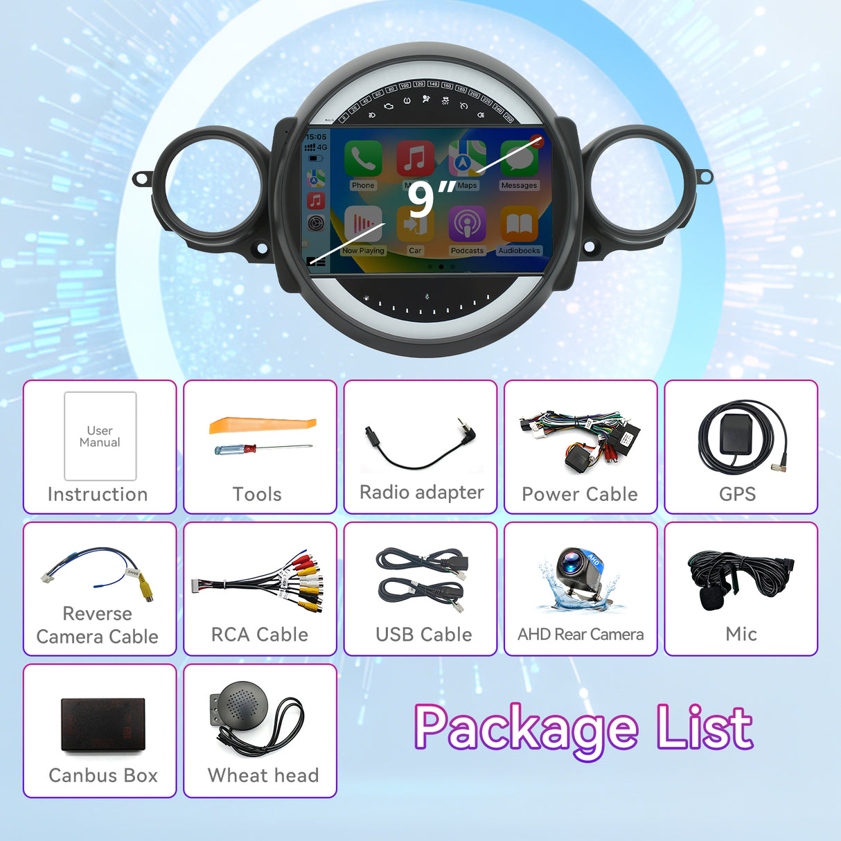 Car Radio Compatible With BMW Mini Cooper 2007-2014,4G+64G,9" Touch Screen Car Stereo with Wireless Carplay&Android Auto,FM/GPS/SWC/Mirror Link/Backup Camer