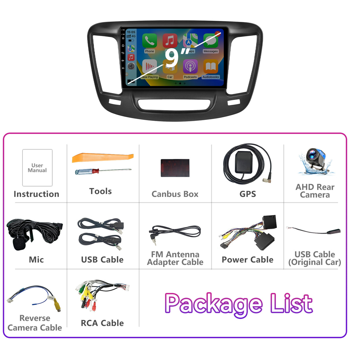 Android 13 Car Stereo Compatible with Chrysler 200 Series 2015-2019, 9" Wireless CarPlay/Android Auto Head Unit with GPS Navigation & 1080P Backup Camera