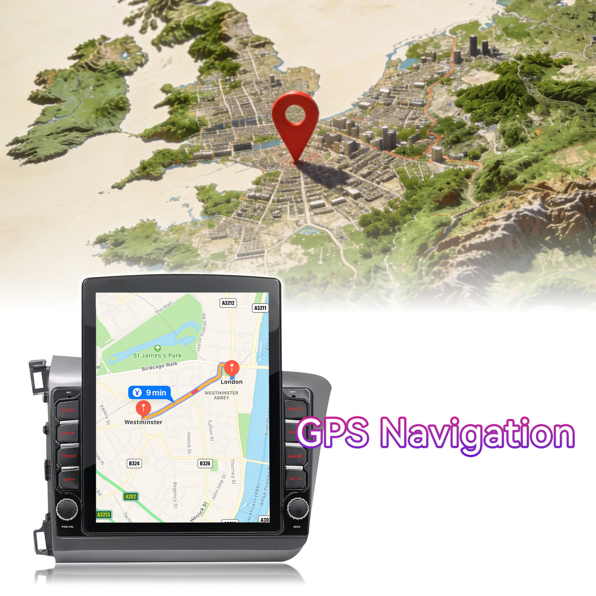 9.7" Touchscreen Radio Compatible with Honda Civic 2012-2015 — Wireless CarPlay, GPS & AHD Backup Camera Included