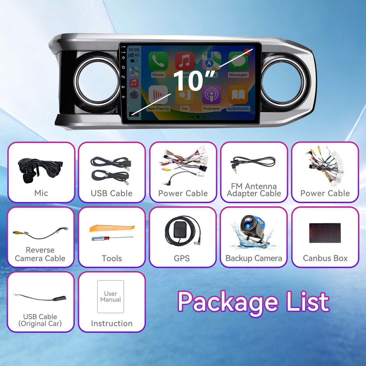 10" Touchscreen Car Stereo Compatible with Toyota Tacoma 2016-2021, Wireless CarPlay/Android Auto Head Unit with GPS Navigation & Backup Camera