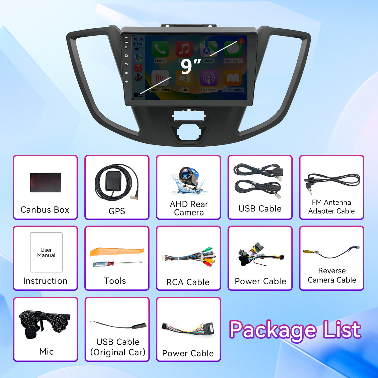 Android 13 Car Radio Compatible with Ford Transit 2015-2018, 9 Inch Wireless CarPlay/Android Auto, GPS Navigation, Bluetooth, FM Radio & Backup Camera